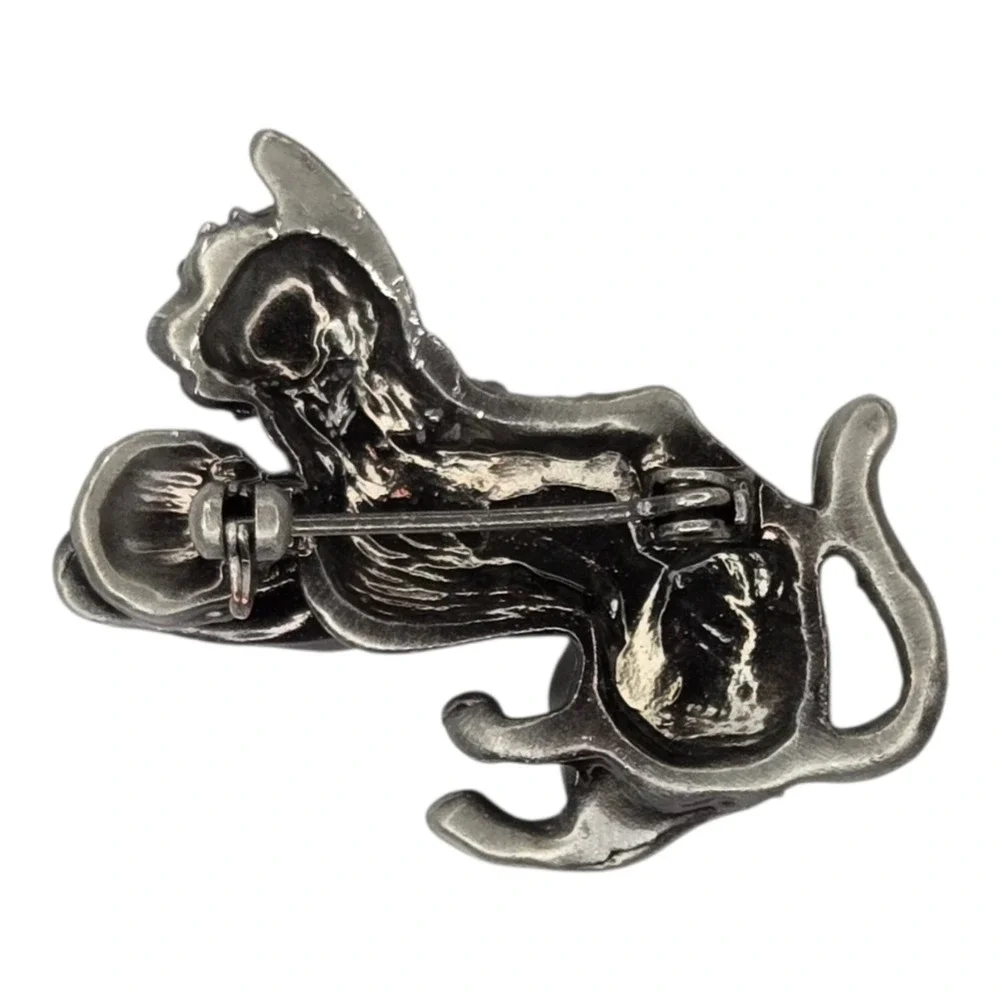 Vintage Cat Brooch Silver Tone Metal Rhinestone Playing with Yarn Pin